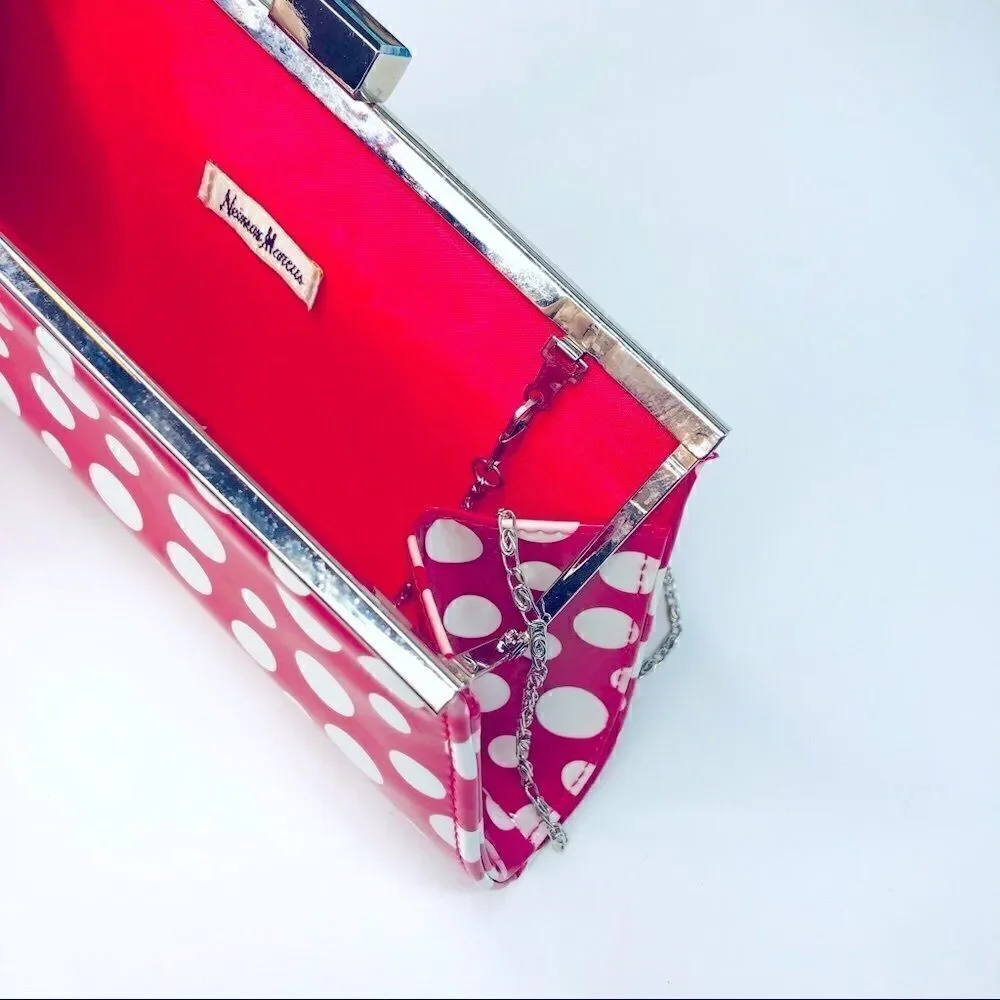 Nieman Marcus Hardshell PolkaDot Clutch Pink White Silver with Chain Polka Dot